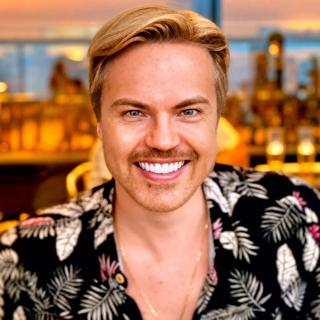 Osvaldo Beltramini sorrindo em ambiente acolhedor e iluminado.